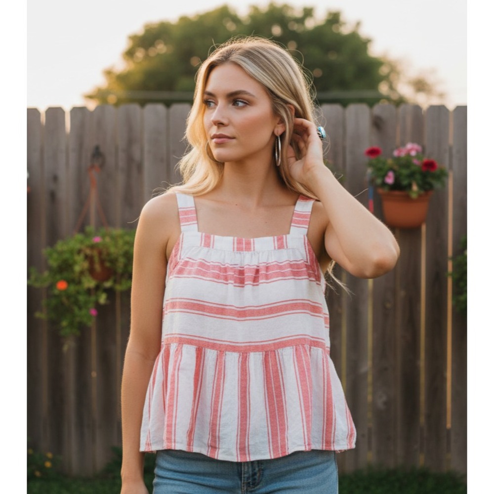 NEW Loft XL Pink Red Stripe Babydoll Cami Tank Top Beach Boho Chic Coastal Chic